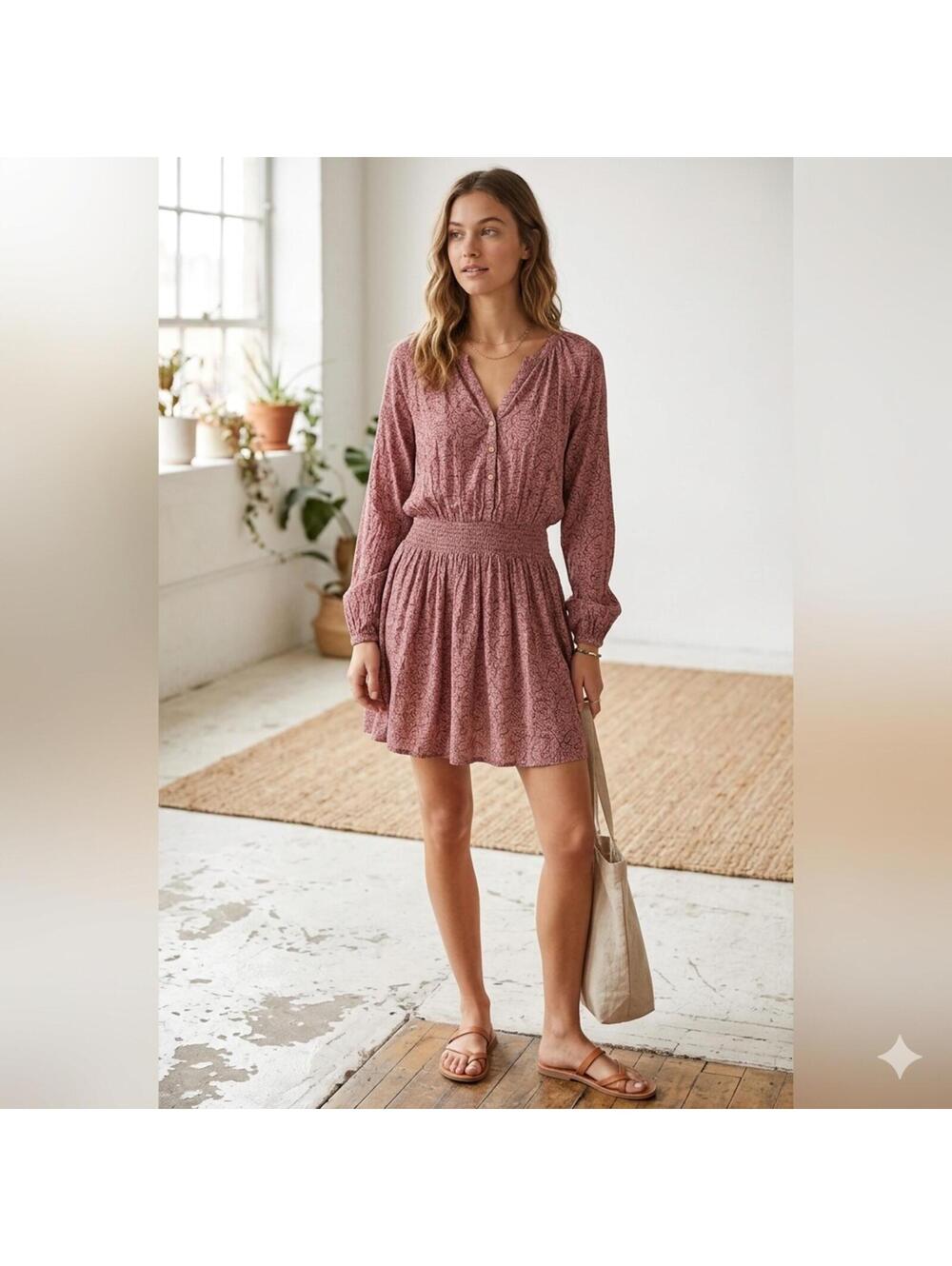 Faherty Montara Mini Dress in Mauve Pink Leaf Batik Size XS Boho Cottagecore